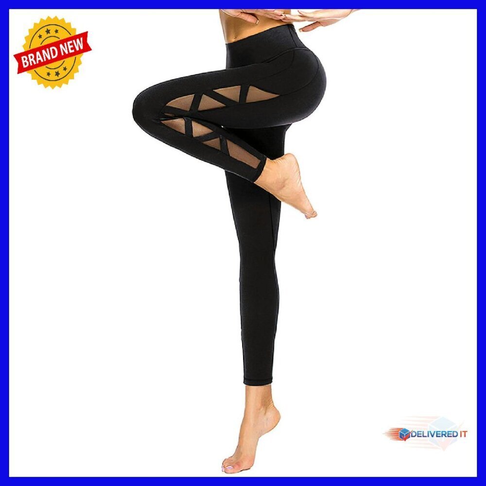 Mesh Panel Yoga Pants High Waist Tummy Control 4-Way Stretch